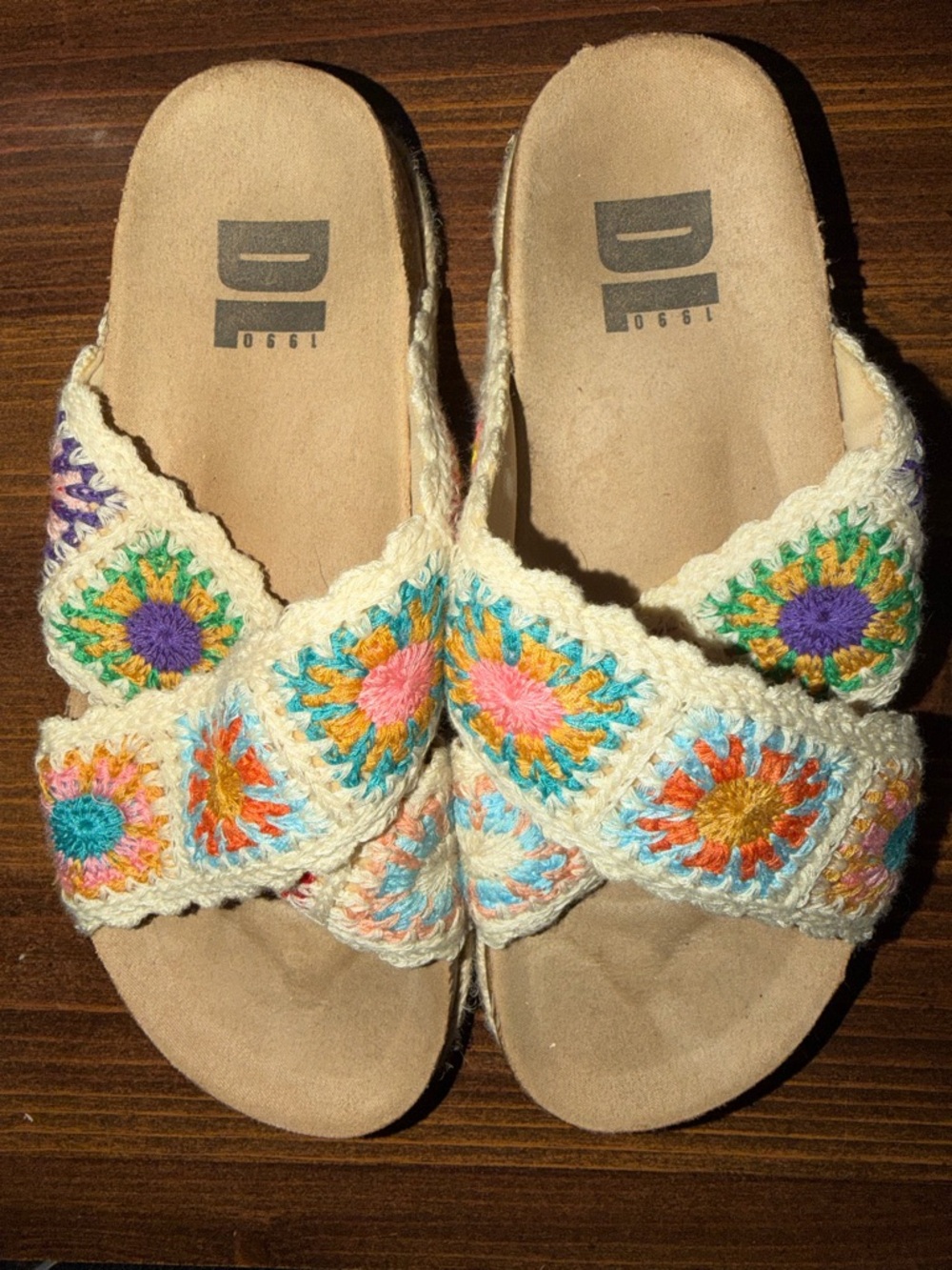 Diane Von Furstenberg Cream Crochet Slide Sandals with Multicolor Floral Accents